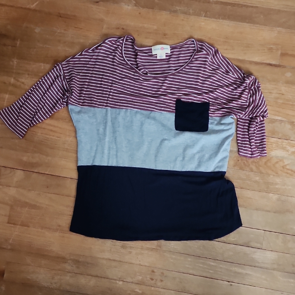 Wishful Park Maroon and White And Navy Striped Top Large with Pocket